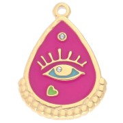 Pendentif goutte Oeil 26x18mm Résine époxy - Acier inoxydable 304 Doré Fuchsia x1