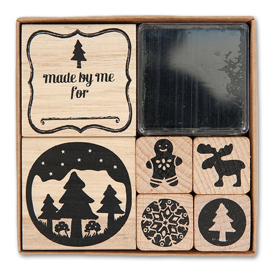 Set de 6 tampons en bois avec encreur Noël Country Perles & Co