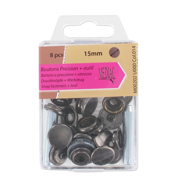 Kit De Boutons Pression Métal 12mm - 15 Noirs + 15 Bronzés + Outil 4 Pièces - Neuf GARIP