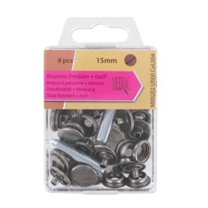 Boutons pressions et outil de pose 15 mm gunmetal x8