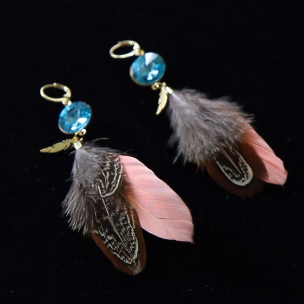 Boucles D'oreilles Pendantes Plumes Naturelles, Perles Et Cuir - Fait Main