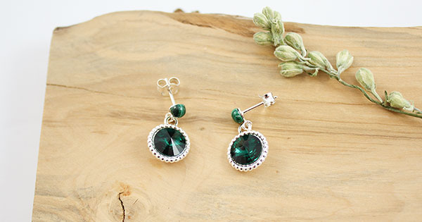 Boucles d'oreilles argent 925 Malachite et cabochon Swarovski ou PureCrystal