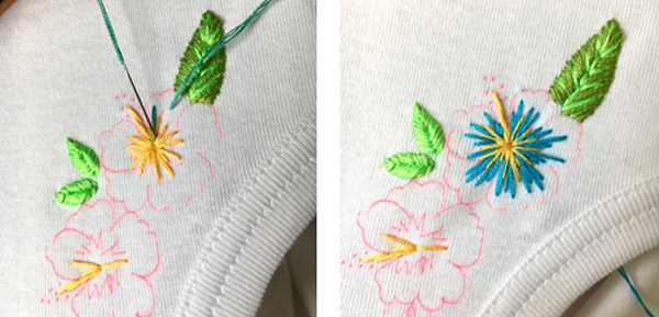 DIY broderie frise Hibiscus sur un col de tee shirt 06