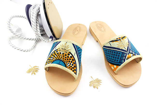 customiser des sandales en cuir avec du tissu wax coller le motif thermocollant customiser des sandales en cuir avec du tissu wax coller le motif thermocollant