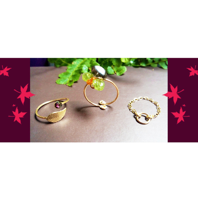 Trio bagues de phalange Breloque Feuilles Strass PureCrystal et Perles Chips