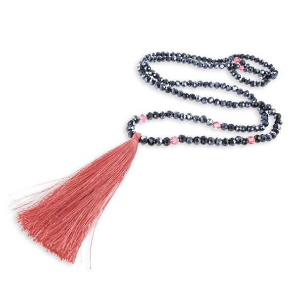 Sautoir Pompon Corail et Rondes aplaties facettées