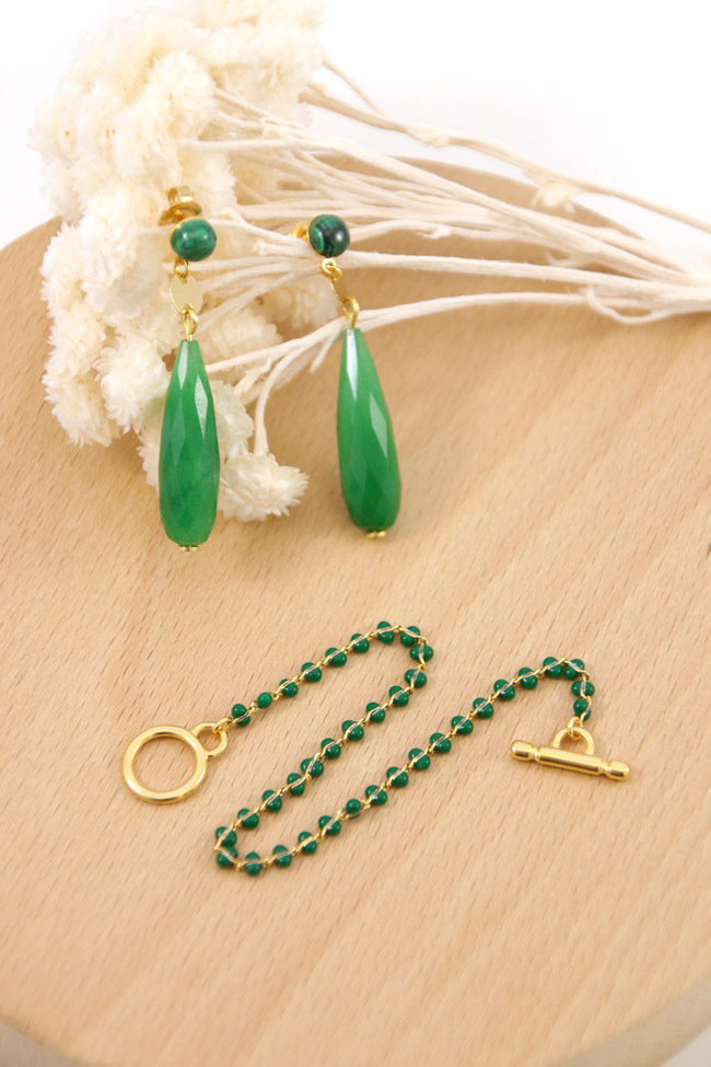 Schéma Boucles d'oreilles et bracelets en malachite et jade teinté