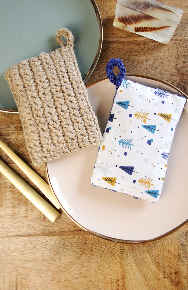 DIY Eponges au crochet, tissu et toile de jute