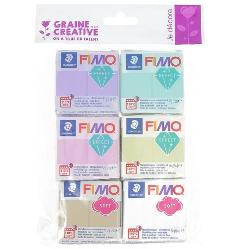 Kit 6 pains de pâtes polymères Fimo Soft et Effect de 57 gr - Couleurs Pastel Acidulés Bonbons