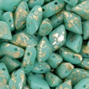 Perles en verre Gemduo 2 trous 8x5 mm Green Turquoise Gold Splash x10g|raw }}
