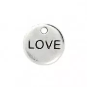 Breloque ronde gravée LOVE 9 mm - Placage Argent fin vieilli x1