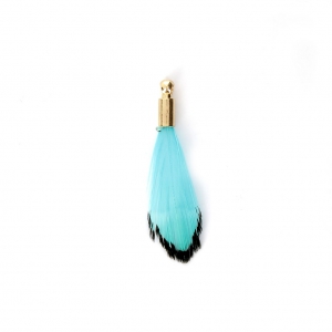 Plume de faisan rayée avec embout doré pour bijoux fantaisie 25 mm Turquoise/Noir x1
