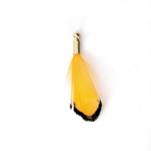 Plume de faisan rayée avec embout doré pour bijoux fantaisie 25 mm Jaune/Noir x1