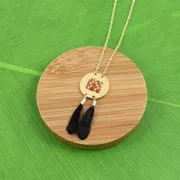 Plume de faisan rayée embout rhodié pour bijoux fantaisie Fuchsia/Noir 25 mm x1