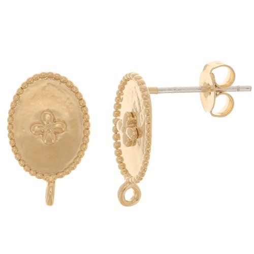 Clous d'oreilles ovales motif Croix avec anneau 14x9 mm - Doré à l'Or Fin x2