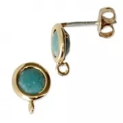 Clous d'oreilles ronds avec pierre imitation Amazonite et anneau 7 mm Doré à l'Or Fin x2