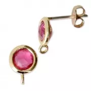 Clous d'oreilles ronds avec pierre imitation Tourmaline Rose et anneau 7mm Doré à l'Or Fin x2