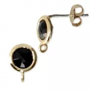 Clous d'oreilles ronds avec pierre imitation Onyx Noir et anneau 7 mm Doré à l'Or Fin x2