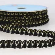 Galon de petits pompons et pampilles à frange 13 mm Noir/doré x1m