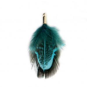 Plume de faisan rayée avec embout doré pour bijoux fantaisie 35 mm Petrol/Noir x1