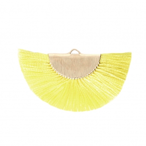 Pendentif éventail demi-lune franges pompons 25x47 mm Jaune/doré x1