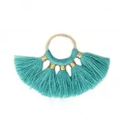 Petit pendentif éventail avec pompons imitation coton 20x29 mm Petrol/doré x1