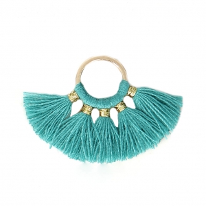Petit pendentif éventail avec pompons imitation coton 20x29 mm Petrol/doré x1