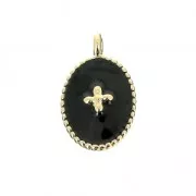 Breloque médaille ovale motif croix résine époxy 14x8.5mm Doré à l'or fin noir x1
