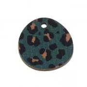 Pendentif rond irrégulier en bois teinté effet léopard 20 mm - Pétrole/Marron x1
