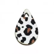 Pendentif goutte en bois teinté effet léopard 23x15 mm - Blanc/Marron x1
