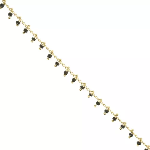 Chaîne maille Rombo perlée de rocailles 2 mm Jet/doré x 50cm