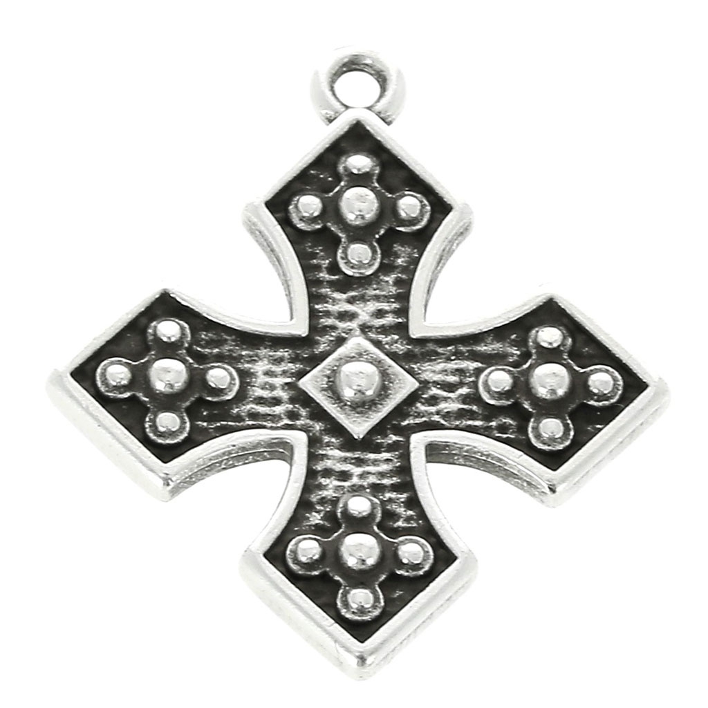 Pendentif Symbole Religieux Croix 28x24 Mm Argente Vieilli X1 Perles Co