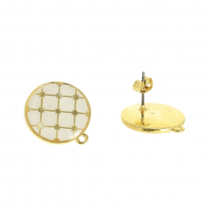 Clous d'oreilles ronds - résine époxy motif azulejos 19mm doré à l'or fin Blanc x2