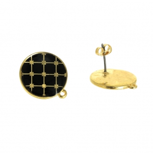 Clous d'oreilles ronds - résine époxy motif azulejos 19 mm doré à l'or fin Noir x2