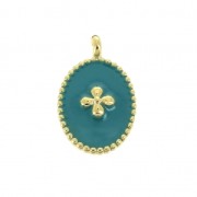 Breloque médaille ovale motif croix résine époxy 14x8.5mm Doré Or fin Turquoise