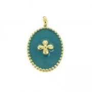 Breloque médaille ovale motif croix résine époxy 14x8.5mm Doré Or fin Turquoise