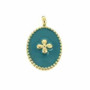 Breloque médaille ovale motif croix résine époxy 14x8.5mm Doré Or fin Turquoise
