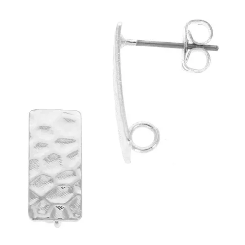 Clous d'oreilles rectangle martelé 7x16 mm avec anneau - Rhodié x2