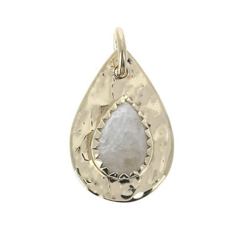 Breloque martelée goutte avec anneau 17 mm Pierre de lune / Plaqué Or 3 microns x1