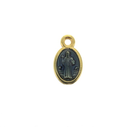 Breloque / Médaille ovale symbole religieux & résine époxy 13x8mm - Doré / Bleu x1
