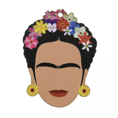 Pendentif tête Mexicaine en bois teinté 54x41 mm - Multicolore/Blanc x1