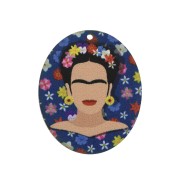 Pendentif ovale Mexicaine & fleurs en bois teinté 45x37mm - Bleu/Blanc x1|raw }}