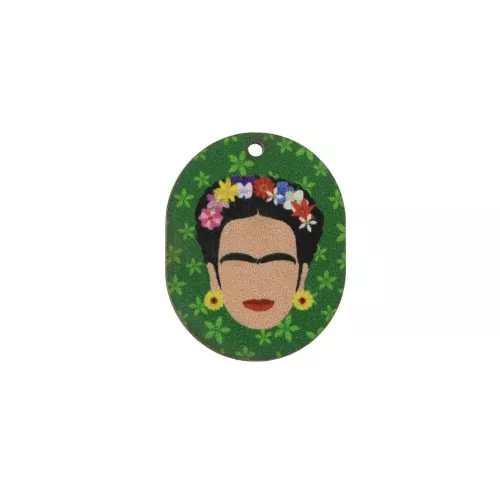 Pendentif ovale Mexicaine en bois teinté 30x24mm - Vert/Blanc x1