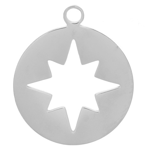 Breloque ronde ajourée étoile 14 mm - Acier inoxydable 316L x1