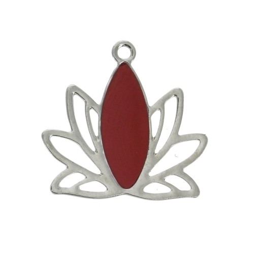 Pendentifs Fleur de lotus en laiton et résine époxy 15x16 mm Argenté / Rouge foncé x4