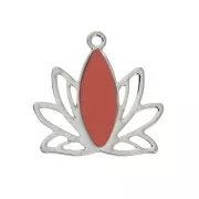 Pendentifs Fleur de lotus en laiton et résine époxy 15x16 mm Argenté / Corail x4
