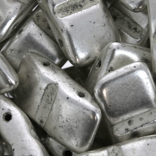 Perles en verre tchèque Carrier Bead Groove 2 trous 9 x 17 mm Argenté Patiné x 10