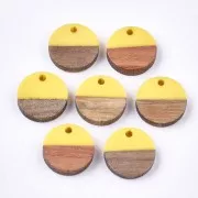 Pendentif rond en résine imitation bois 15 mm - Jaune / Marron x1