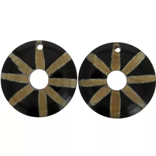 Pendentifs ethniques en corne - forme rond rayé 51 mm Noir / Marron x2
