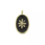 Breloque médaille ovale motif soleil résine époxy 14.5x8 mm Doré Or fin noir x1